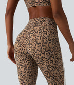 Leopard Print High Waisted Tummy Control Butt Lifting Color Block Stripes Training 7/8 Leggings with Pockets — Tan Leopard — view 5
