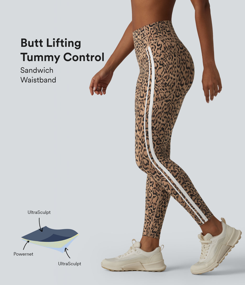 Leopard Print High Waisted Tummy Control Butt Lifting Color Block Stripes Training 7/8 Leggings with Pockets — Tan Leopard — view 1