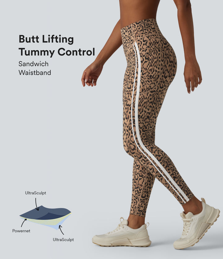 Leopard Print High Waisted Tummy Control Butt Lifting Color Block Stripes Training 7/8 Leggings with Pockets — Tan Leopard — view 1