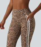 Leopard Print High Waisted Tummy Control Butt Lifting Color Block Stripes Training 7/8 Leggings with Pockets — Tan Leopard — view 4