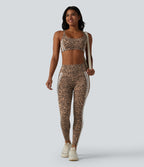Leopard Print High Waisted Tummy Control Butt Lifting Color Block Stripes Training 7/8 Leggings with Pockets — Tan Leopard — view 6