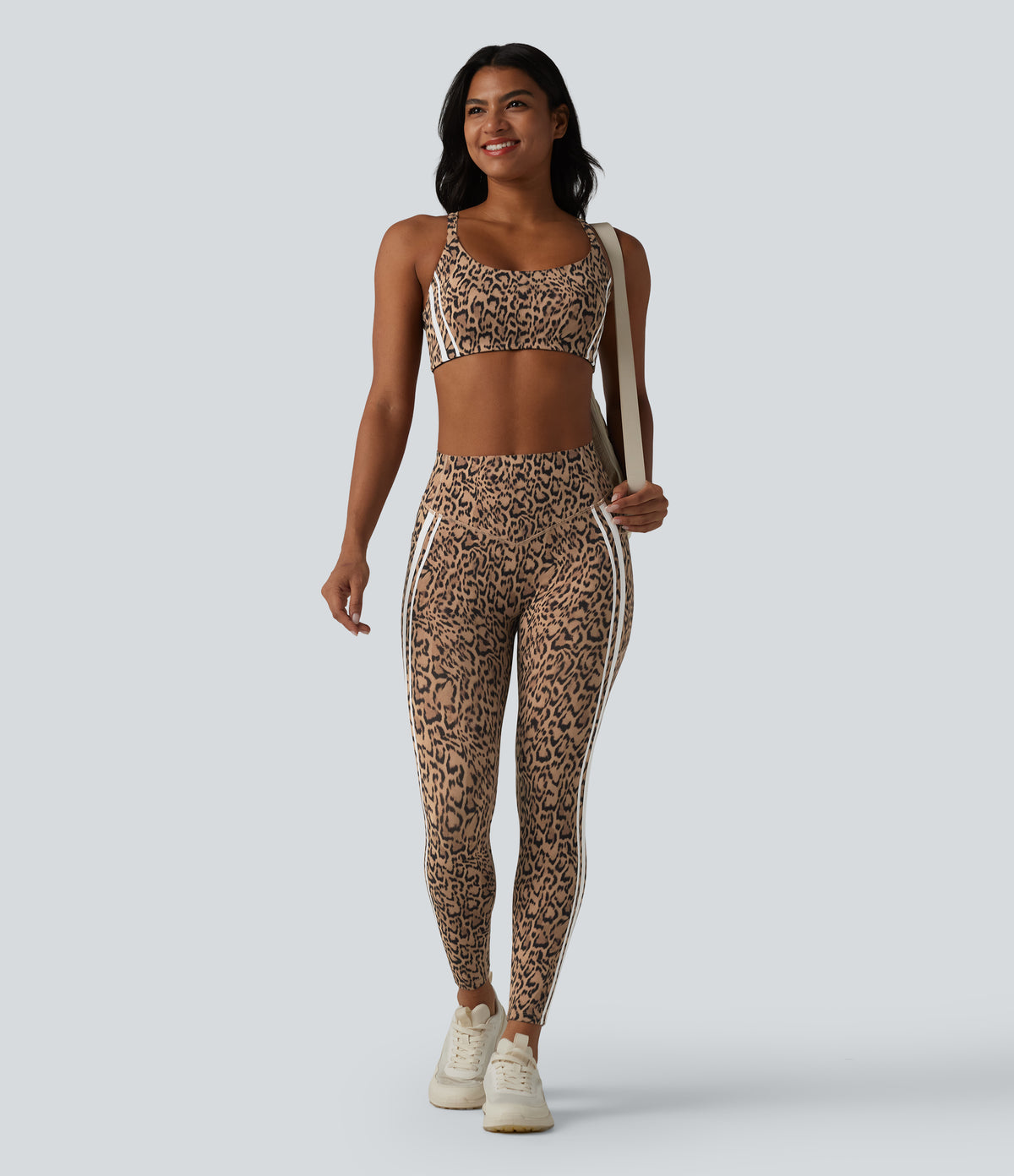 Leopard Print High Waisted Tummy Control Butt Lifting Color Block Stripes Training 7/8 Leggings with Pockets — Tan Leopard — view 6