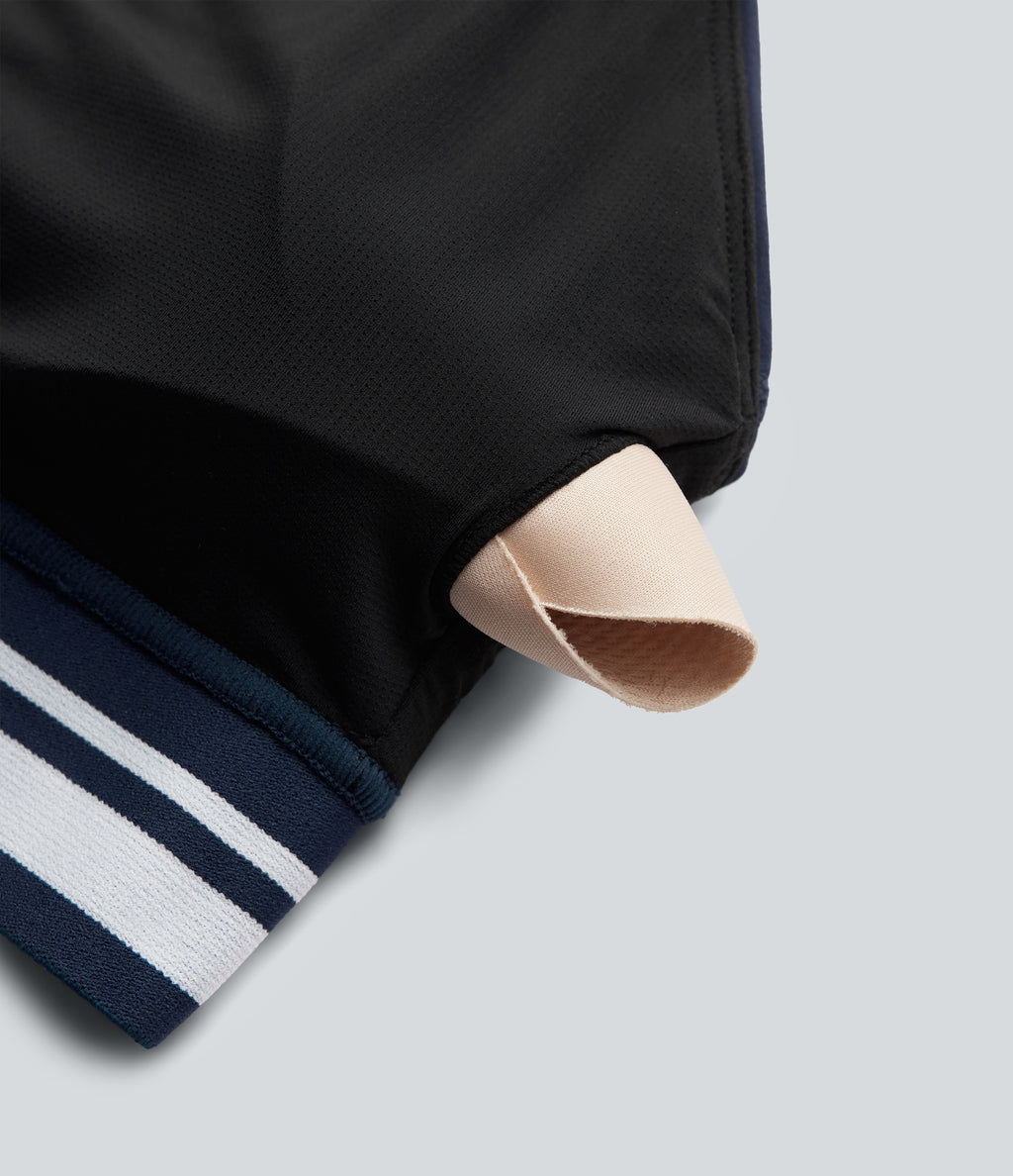 Plush Light Support Crisscross Backless Color Block Stripes Built-in Bra Workout Sports Bra — Peacoat — view 7