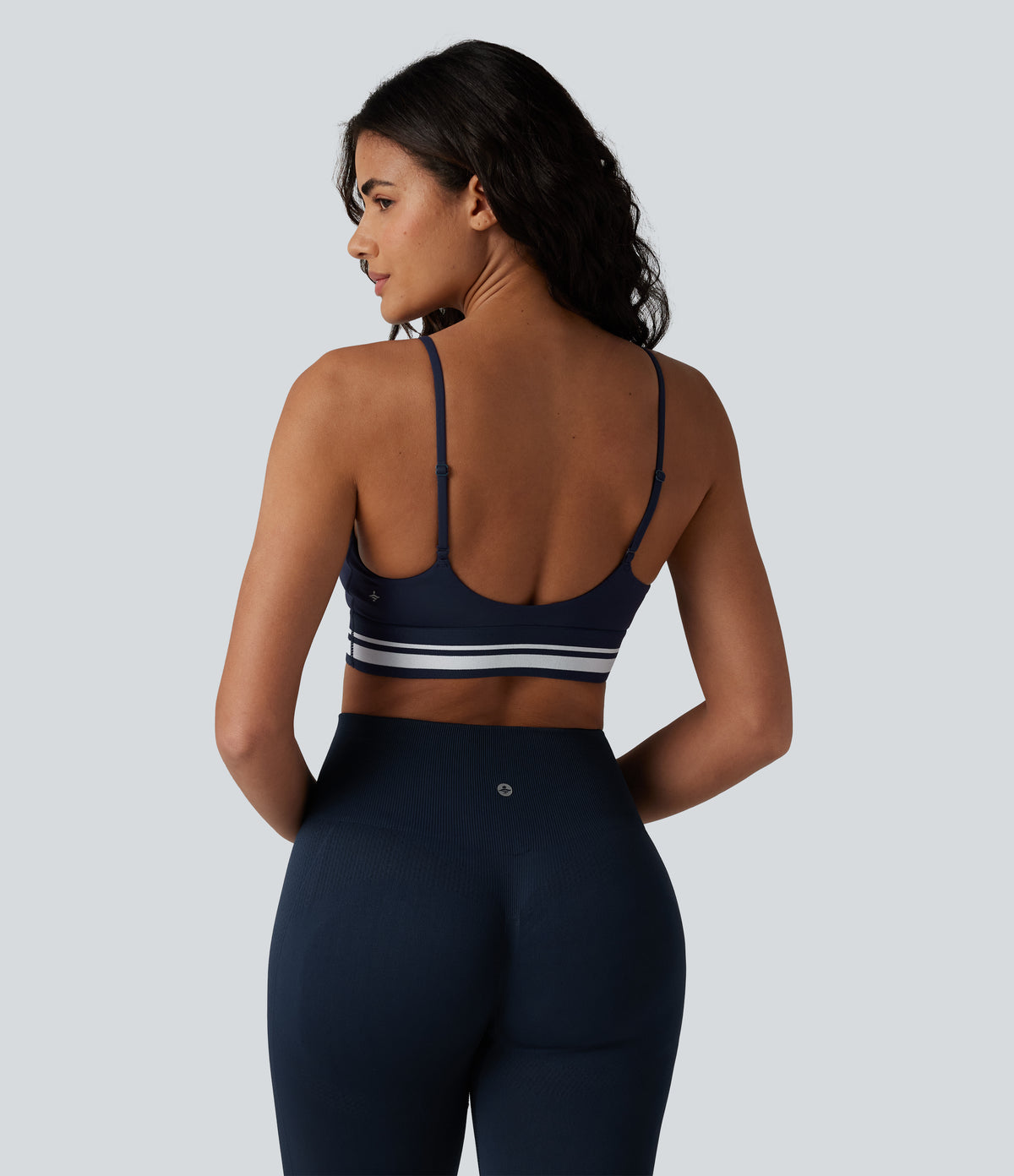 Plush Light Support Crisscross Backless Color Block Stripes Built-in Bra Workout Sports Bra — Peacoat — view 5
