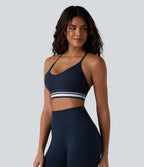 Plush Light Support Crisscross Backless Color Block Stripes Built-in Bra Workout Sports Bra — Peacoat — view 3
