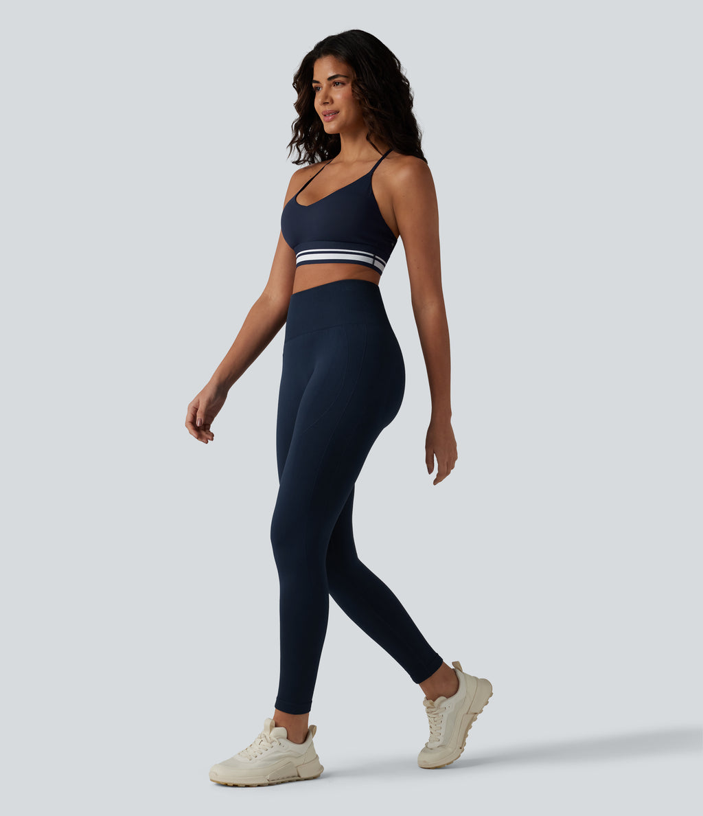 Plush Light Support Crisscross Backless Color Block Stripes Built-in Bra Workout Sports Bra — Peacoat — view 6