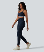 Plush Light Support Crisscross Backless Color Block Stripes Built-in Bra Workout Sports Bra — Peacoat — view 6