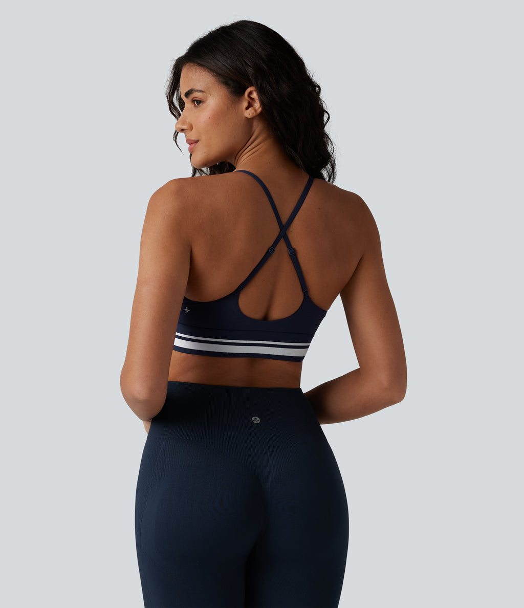 Plush Light Support Crisscross Backless Color Block Stripes Built-in Bra Workout Sports Bra — Peacoat — view 2