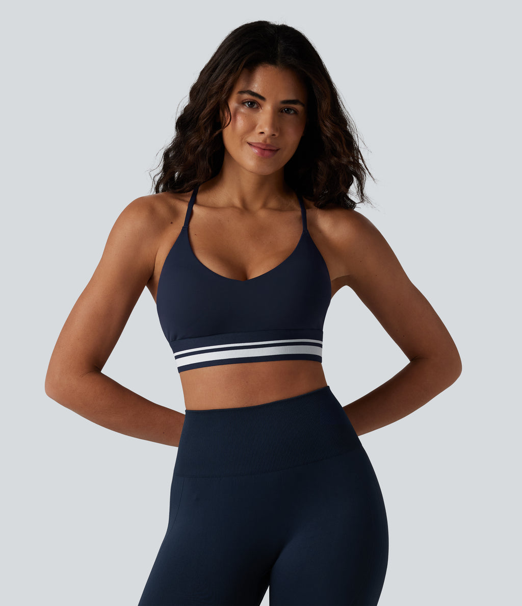 Plush Light Support Crisscross Backless Color Block Stripes Built-in Bra Workout Sports Bra — Peacoat — view 4