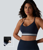 Plush Light Support Crisscross Backless Color Block Stripes Built-in Bra Workout Sports Bra — Peacoat — view 1