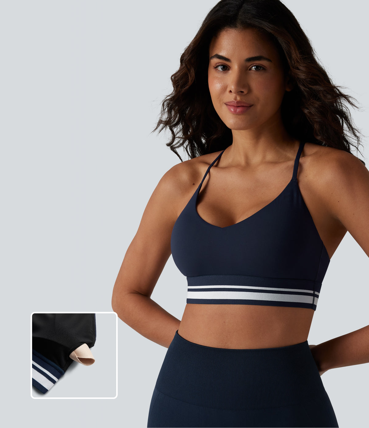 Plush Light Support Crisscross Backless Color Block Stripes Built-in Bra Workout Sports Bra — Peacoat — view 1