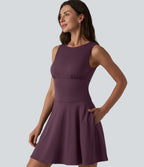 Boat Neck Sleeveless Flare Mini Casual Dress with Pockets — Plum Wine — view 5