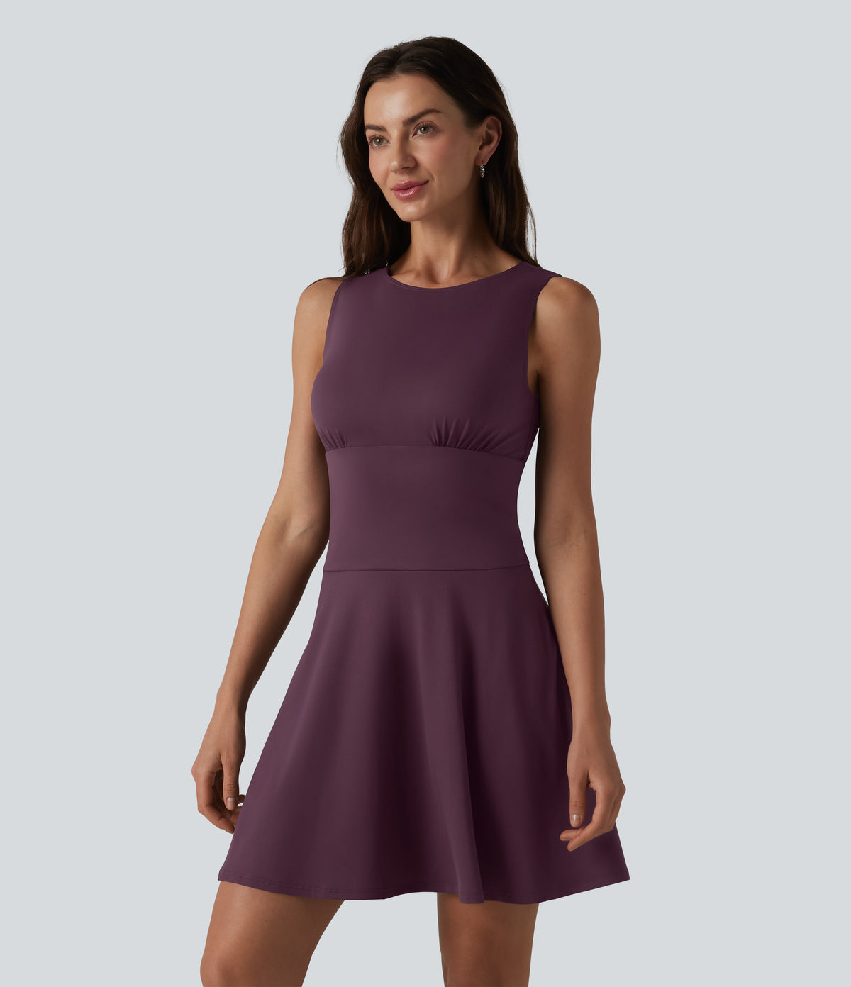 Boat Neck Sleeveless Flare Mini Casual Dress with Pockets — Plum Wine — view 3