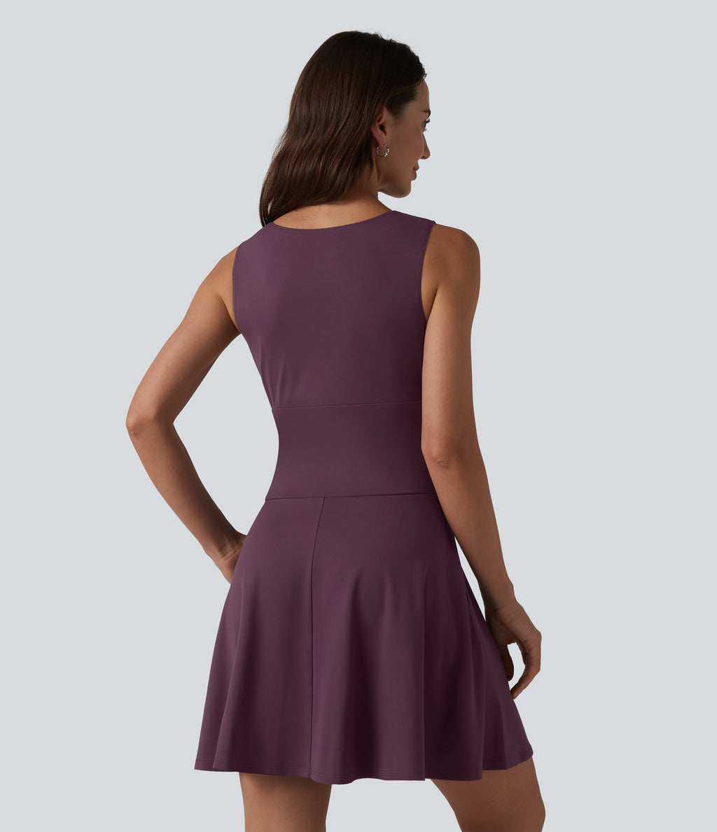 Boat Neck Sleeveless Flare Mini Casual Dress with Pockets — Plum Wine — view 2