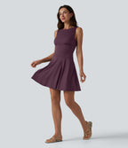 Boat Neck Sleeveless Flare Mini Casual Dress with Pockets — Plum Wine — view 6