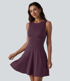 Boat Neck Sleeveless Flare Mini Casual Dress with Pockets — Plum Wine — view 1