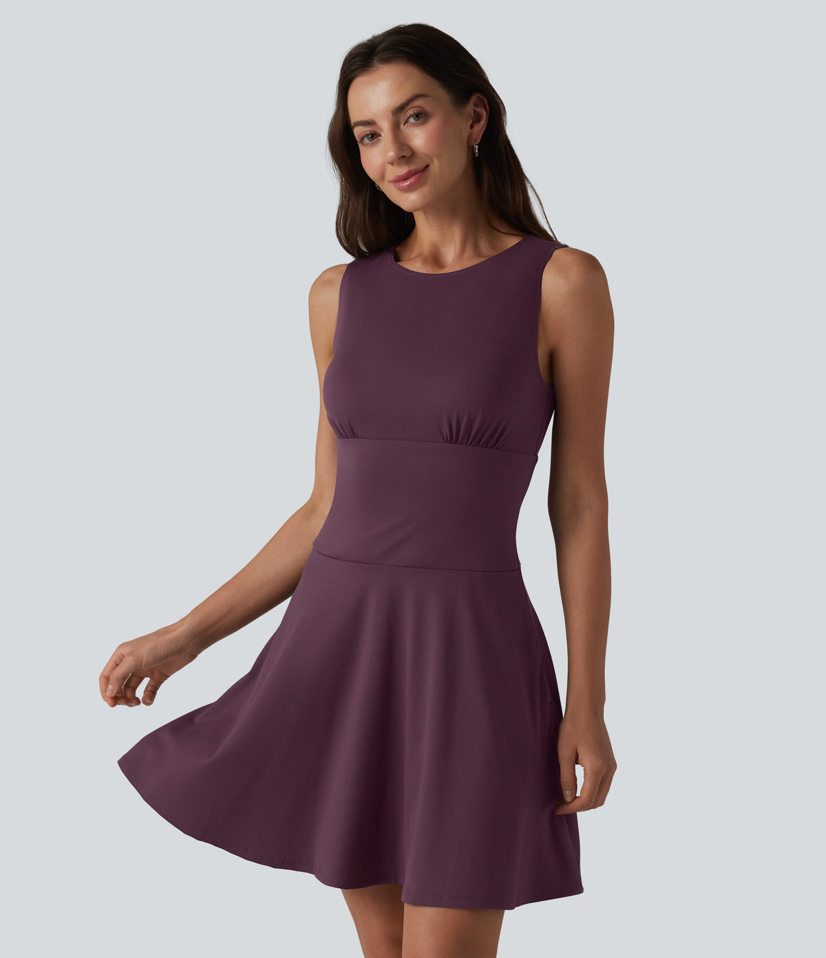 Boat Neck Sleeveless Flare Mini Casual Dress with Pockets — Plum Wine — view 1
