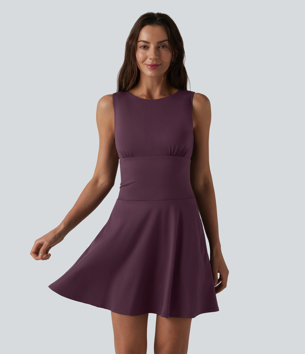 Boat Neck Sleeveless Flare Mini Casual Dress with Pockets — Plum Wine — view 4