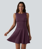 Boat Neck Sleeveless Flare Mini Casual Dress with Pockets — Plum Wine — view 4