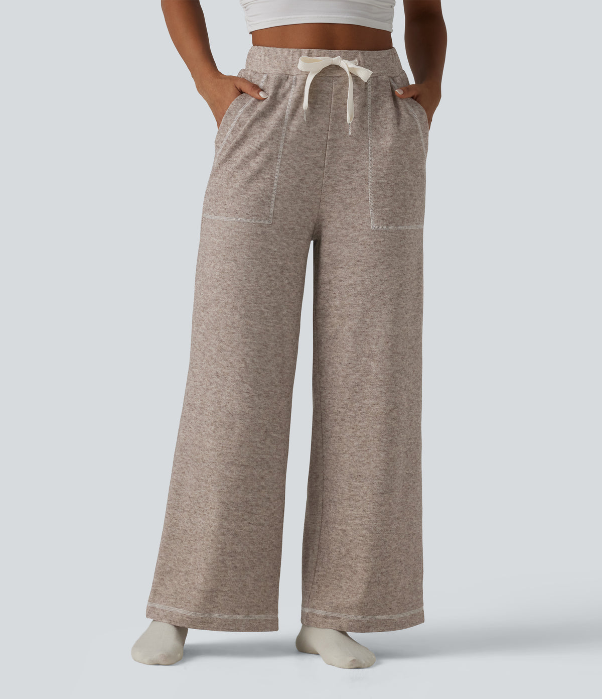 High Waisted Drawstring Baggy Lounge Trousers with Pockets — Moon Rock — view 4