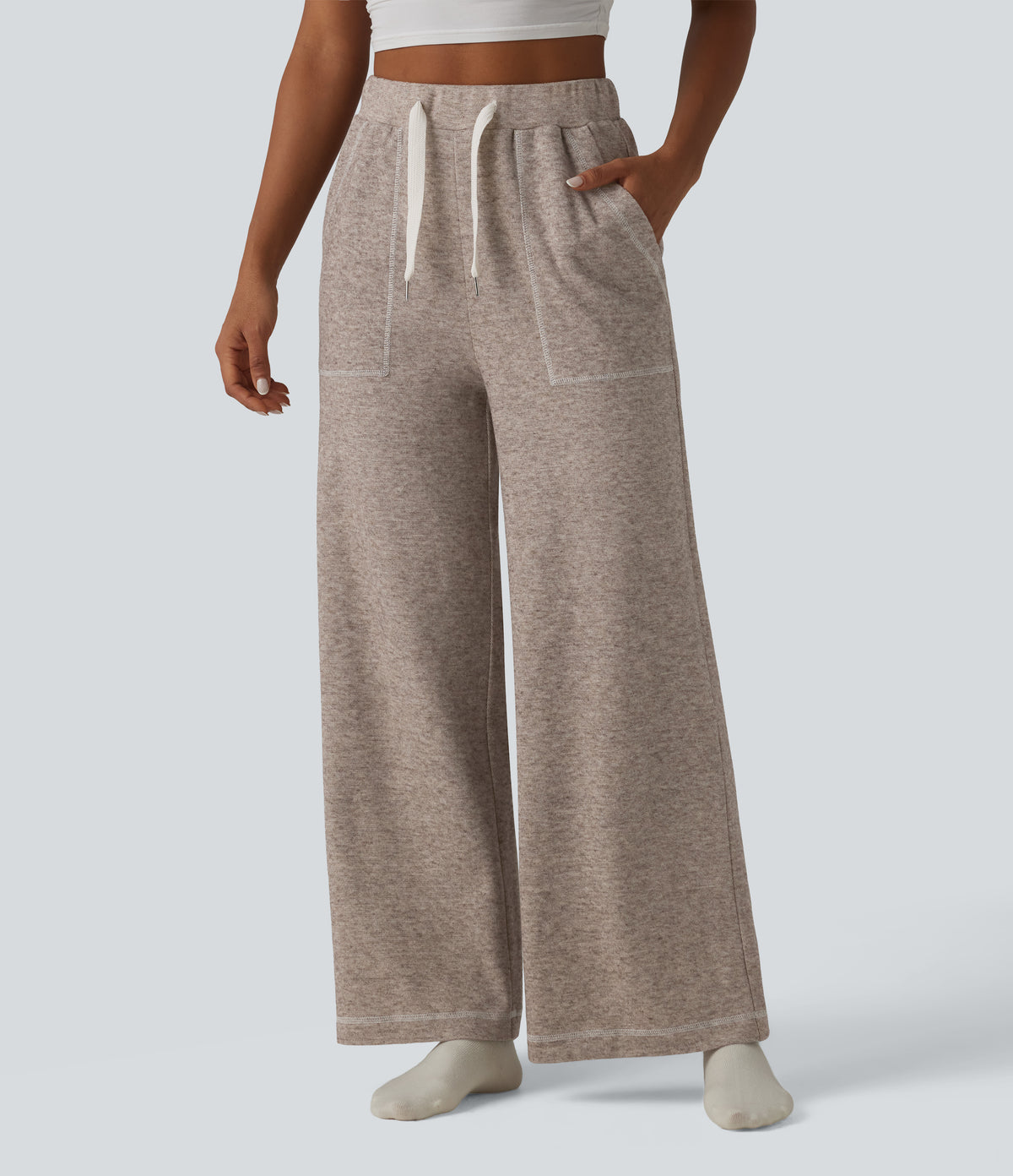 High Waisted Drawstring Baggy Lounge Trousers with Pockets — Moon Rock — view 1