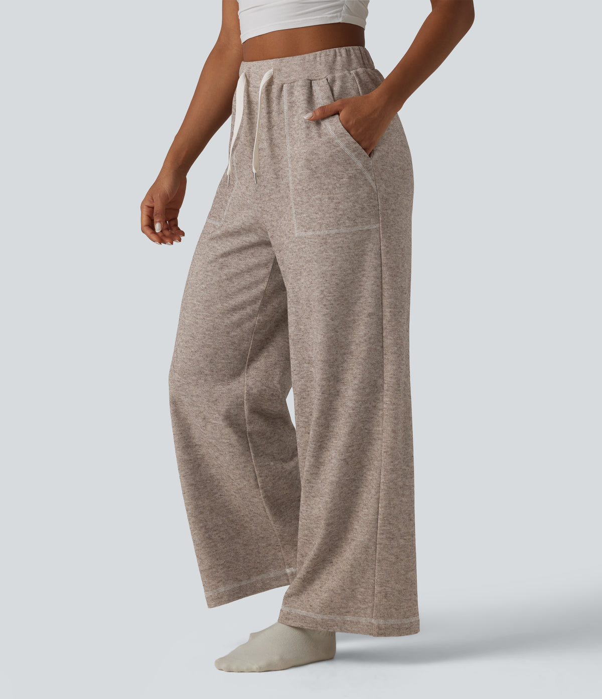 High Waisted Drawstring Baggy Lounge Trousers with Pockets — Moon Rock — view 3
