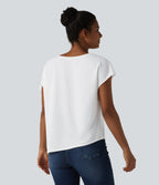 Wrinkle-resistant Boat Neck Drawstring Asymmetric Hem Work Chiffon T-Shirt — White — view 2