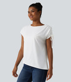 Wrinkle-resistant Boat Neck Drawstring Asymmetric Hem Work Chiffon T-Shirt — White — view 3