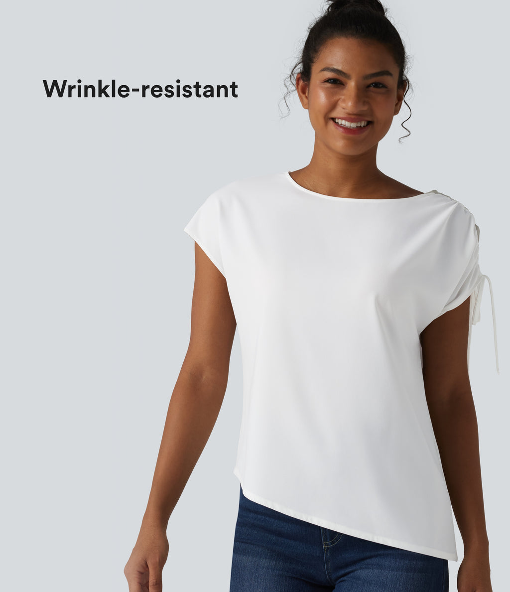 Wrinkle-resistant Boat Neck Drawstring Asymmetric Hem Work Chiffon T-Shirt — White — view 1