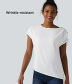 Wrinkle-resistant Boat Neck Drawstring Asymmetric Hem Work Chiffon T-Shirt — White — view 1