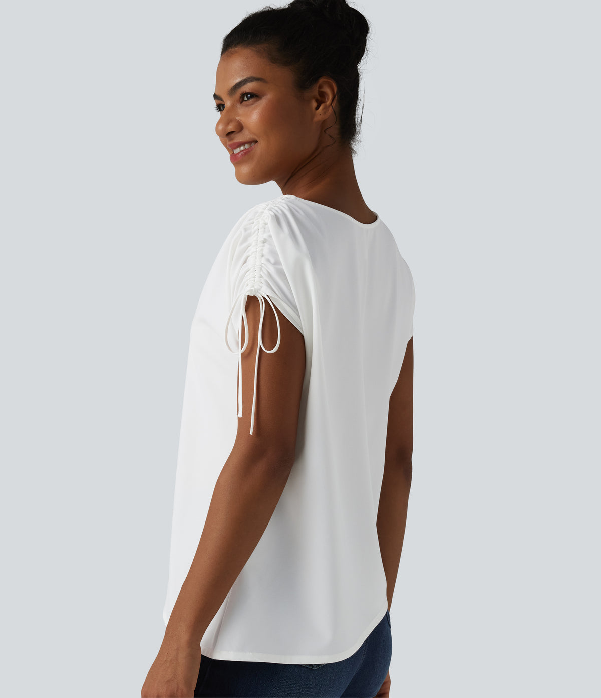 Wrinkle-resistant Boat Neck Drawstring Asymmetric Hem Work Chiffon T-Shirt — White — view 5