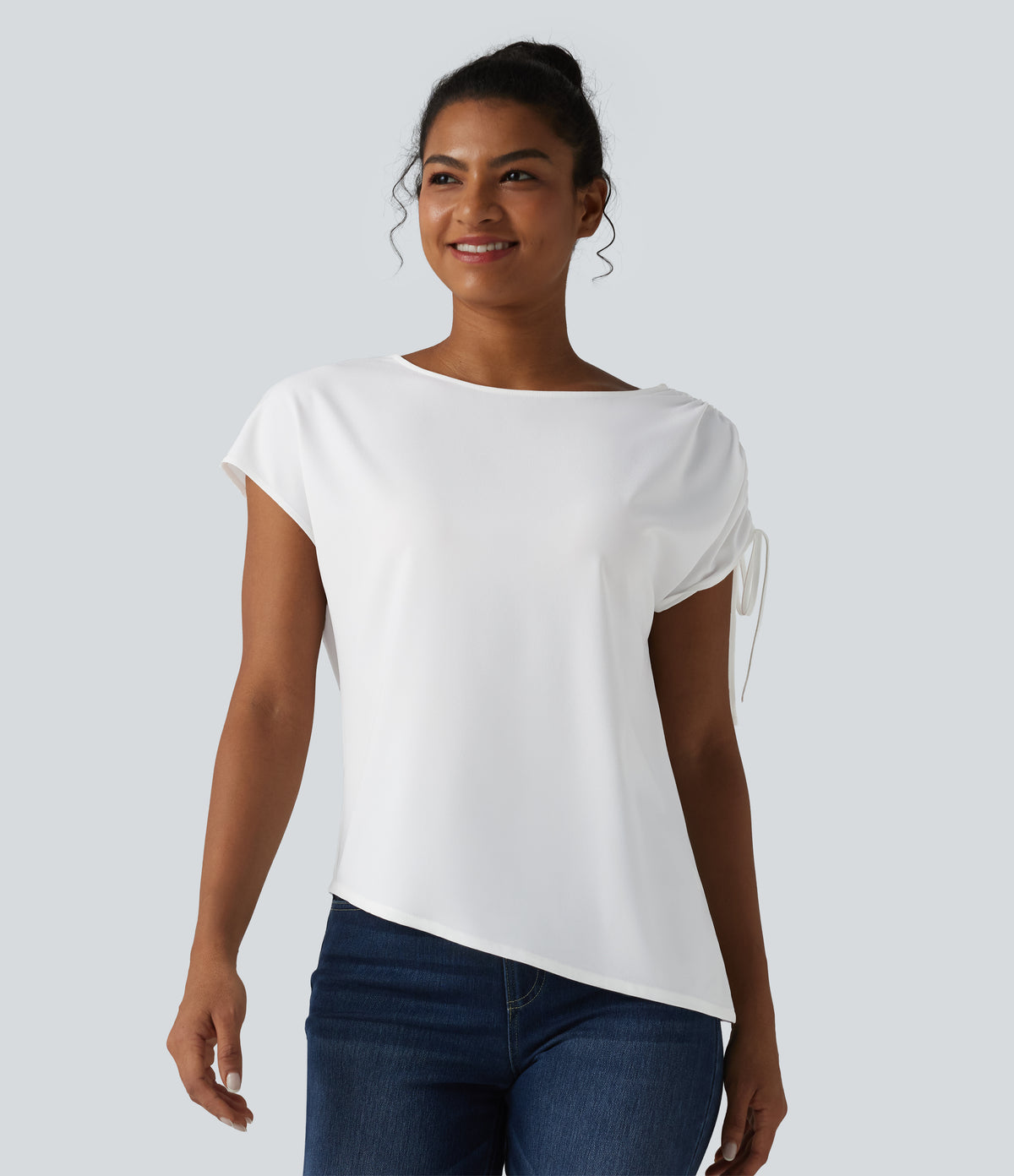 Wrinkle-resistant Boat Neck Drawstring Asymmetric Hem Work Chiffon T-Shirt — White — view 4