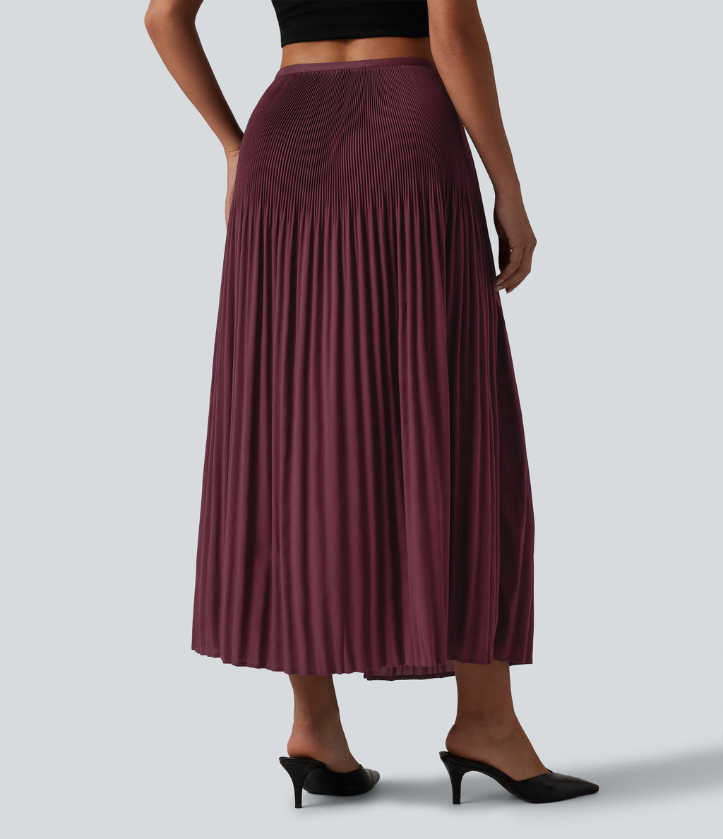 High Waisted Pleated Midi Casual Skirt — Tawny Port — view 2