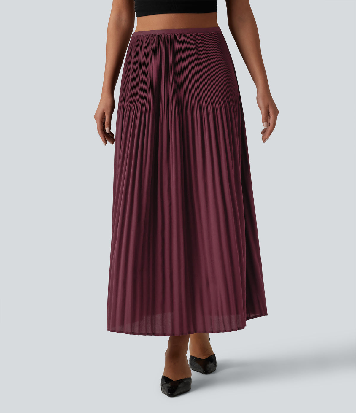 High Waisted Pleated Midi Casual Skirt — Tawny Port — view 1