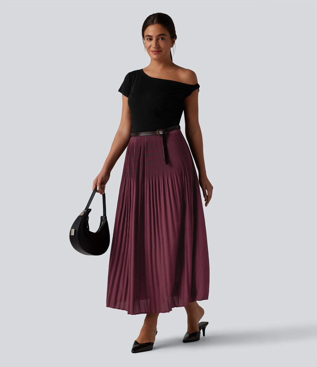 High Waisted Pleated Midi Casual Skirt — Tawny Port — view 6