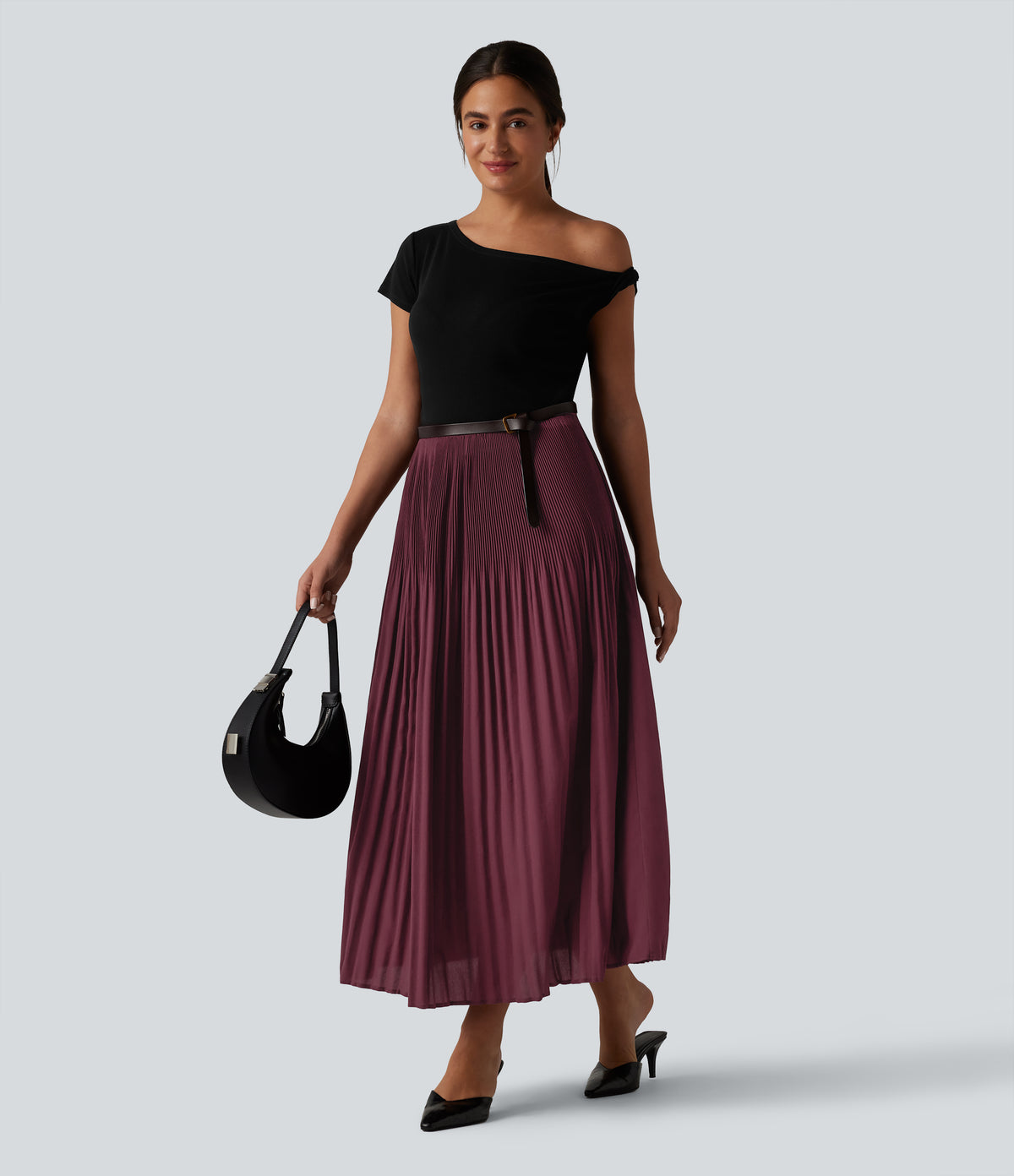 High Waisted Pleated Midi Casual Skirt — Tawny Port — view 6