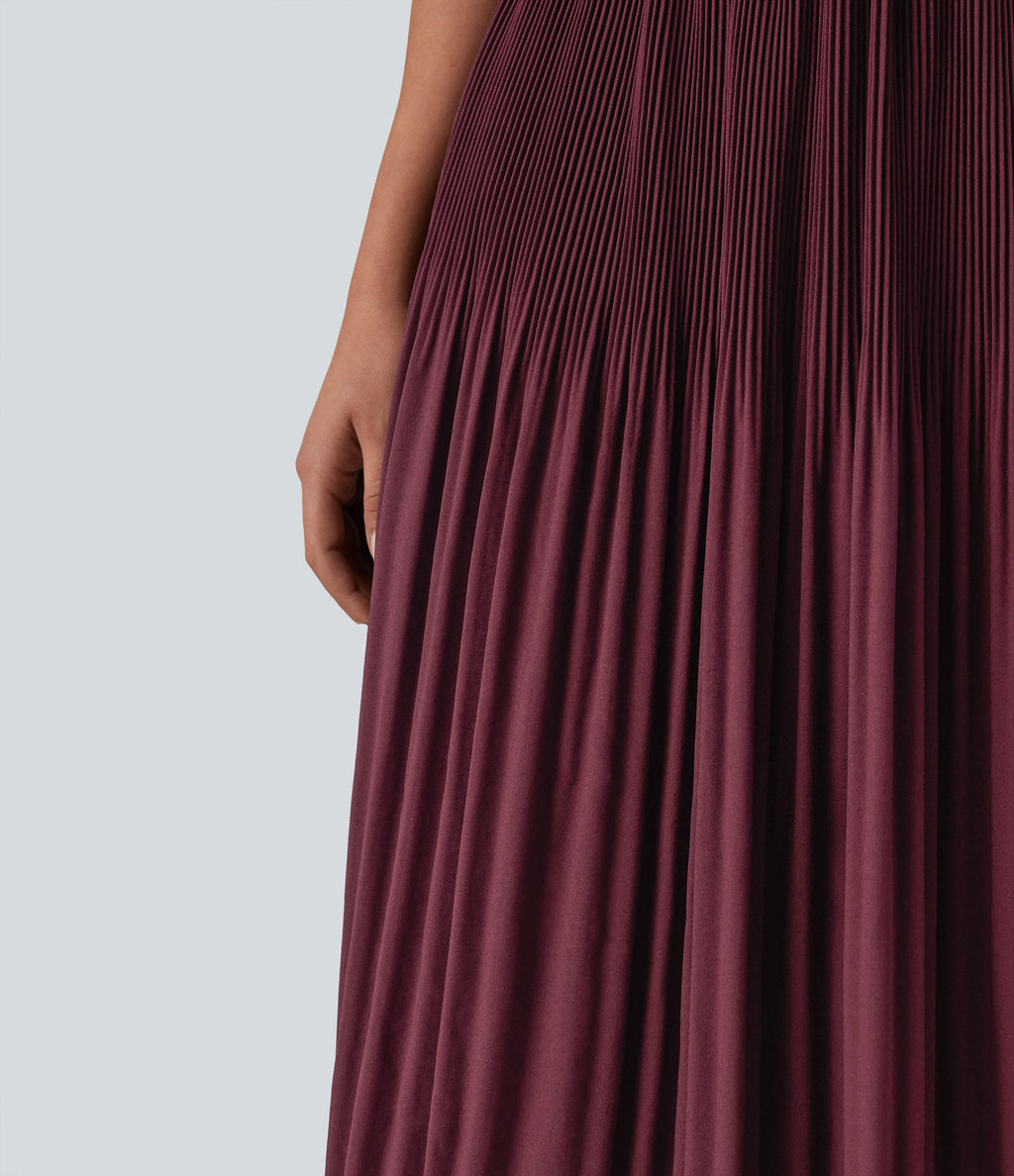High Waisted Pleated Midi Casual Skirt — Tawny Port — view 5