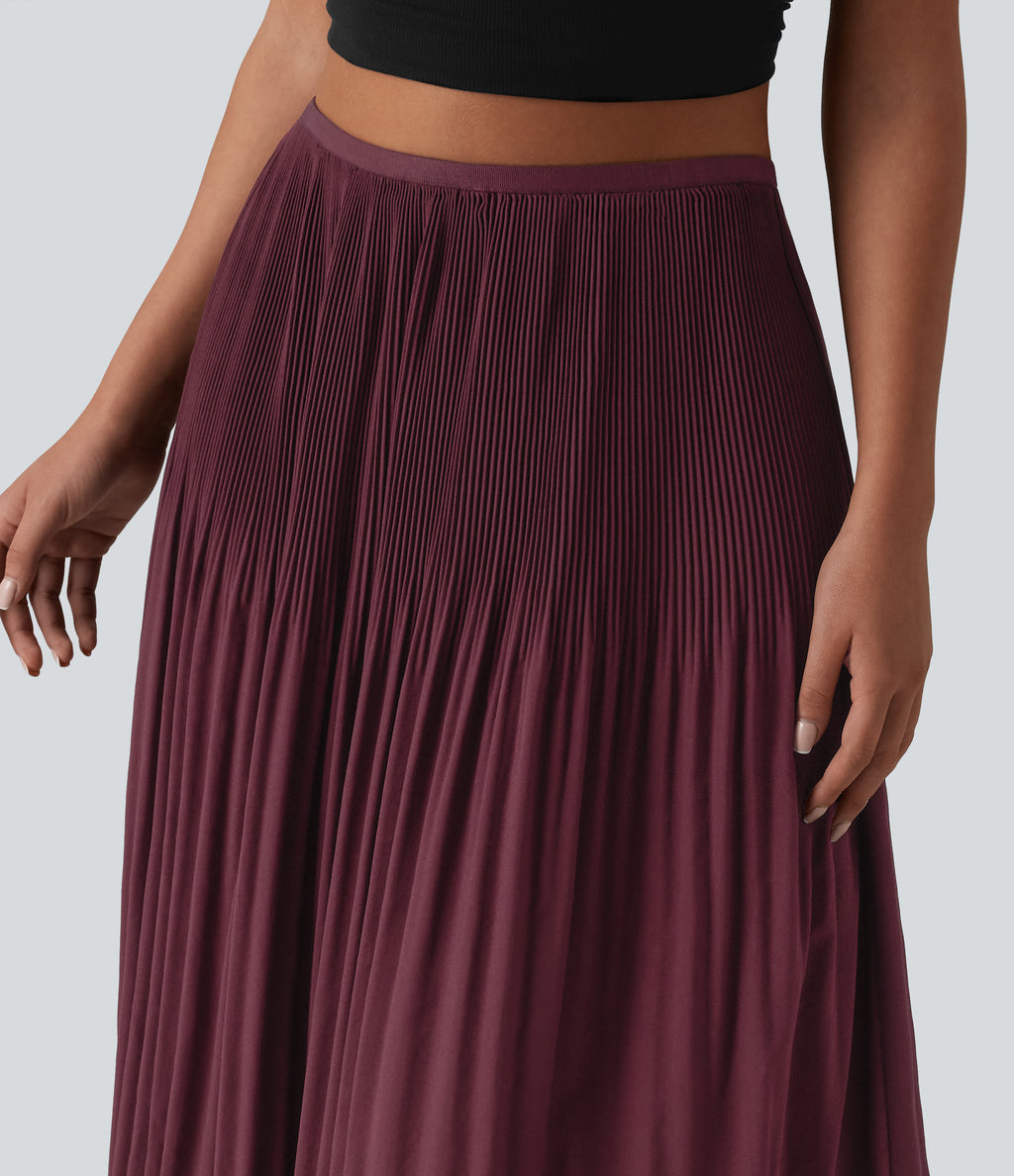 High Waisted Pleated Midi Casual Skirt — Tawny Port — view 4