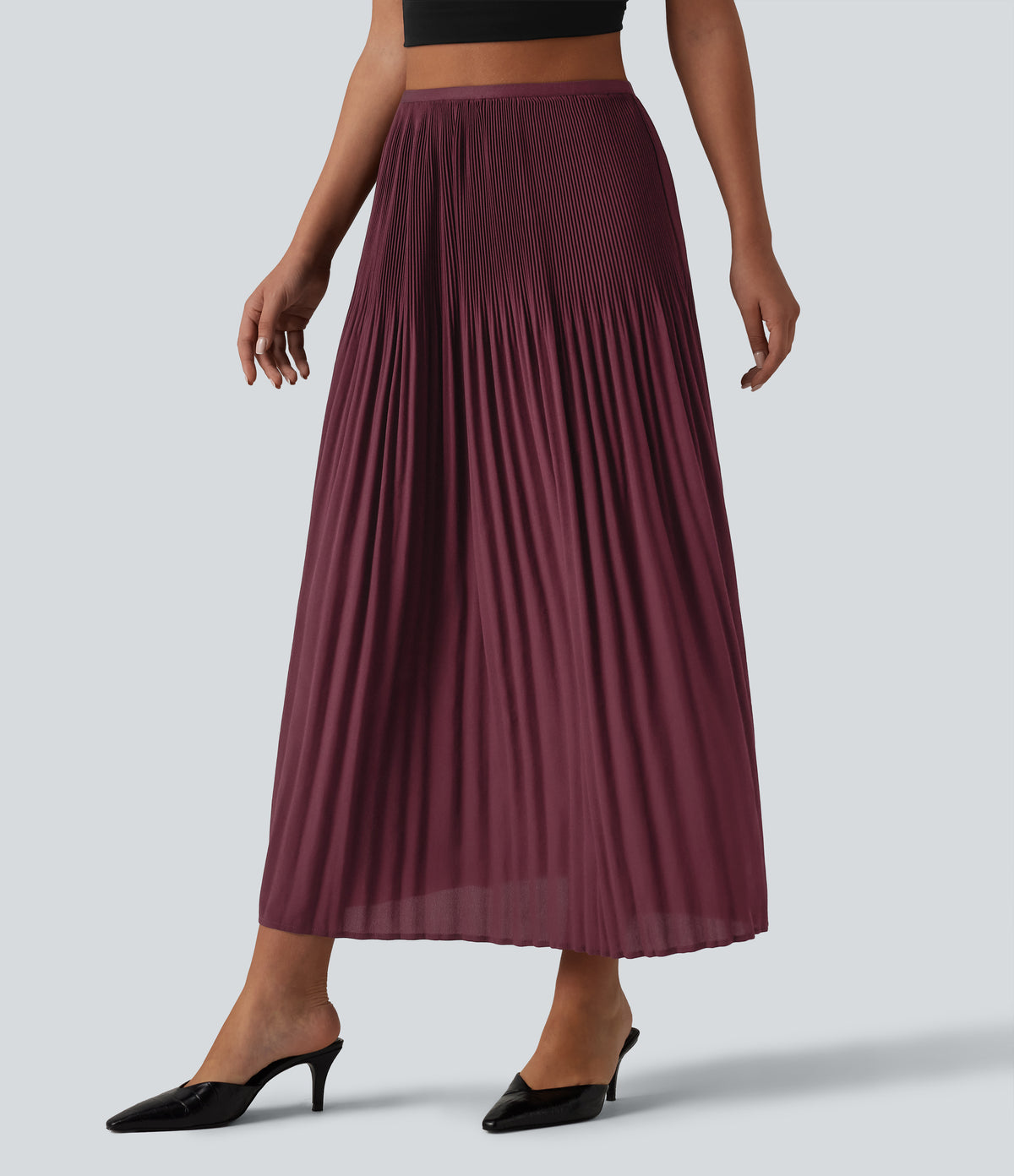 High Waisted Pleated Midi Casual Skirt — Tawny Port — view 3