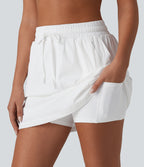 High Waisted Drawstring 2-in-1 Hiking Skirt with Pockets — White — view 1