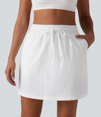 High Waisted Drawstring 2-in-1 Hiking Skirt with Pockets — White — view 3