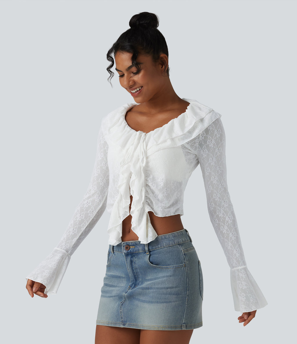 Tie-neck Flounce Long Sleeve Asymmetric Ruffle Trim Casual Lace Top — White — view 3