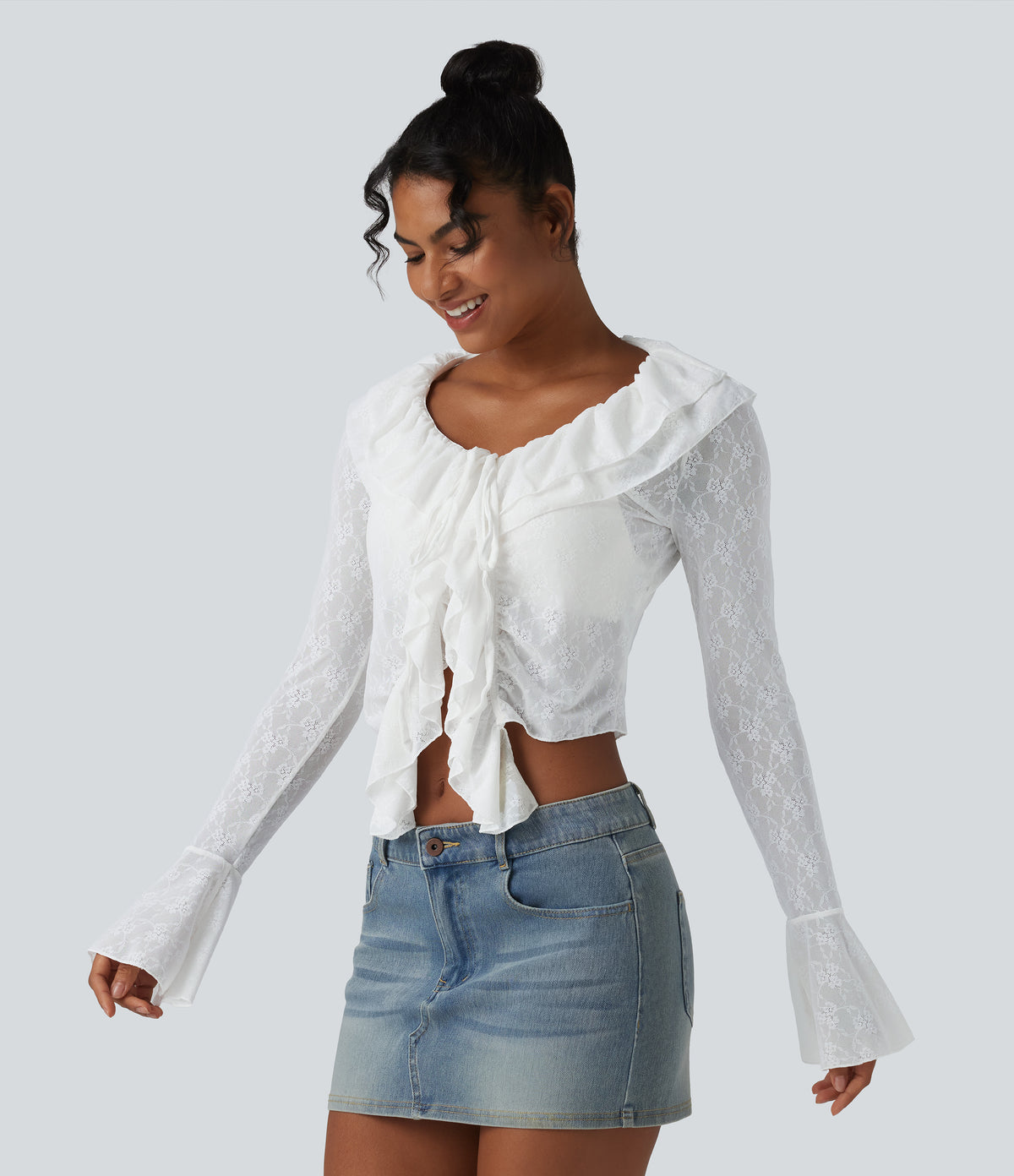 Tie-neck Flounce Long Sleeve Asymmetric Ruffle Trim Casual Lace Top — White — view 3