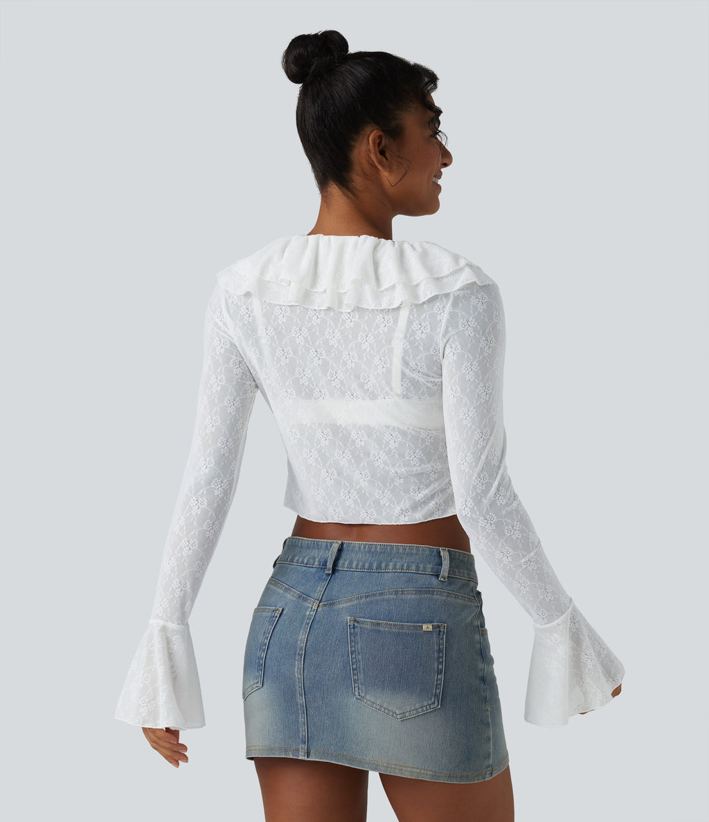 Tie-neck Flounce Long Sleeve Asymmetric Ruffle Trim Casual Lace Top — White — view 2