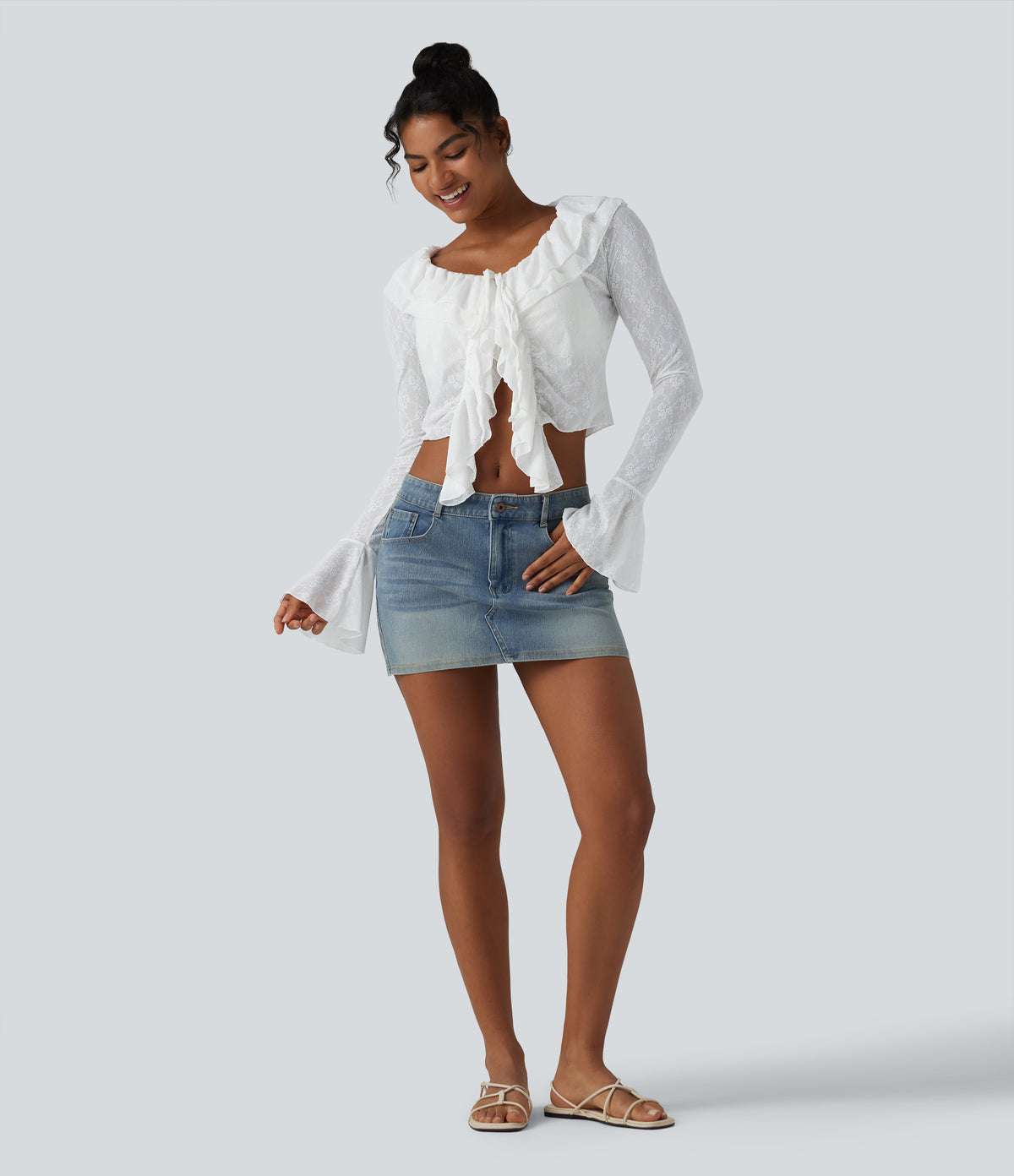 Tie-neck Flounce Long Sleeve Asymmetric Ruffle Trim Casual Lace Top — White — view 5
