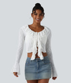 Tie-neck Flounce Long Sleeve Asymmetric Ruffle Trim Casual Lace Top — White — view 4