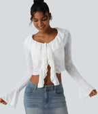 Tie-neck Flounce Long Sleeve Asymmetric Ruffle Trim Casual Lace Top — White — view 1