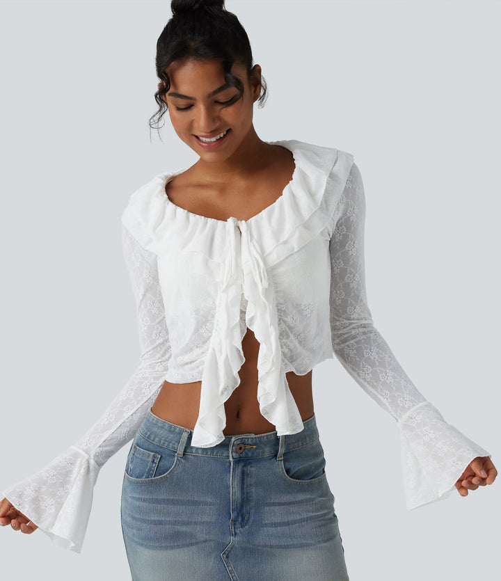 Tie-neck Flounce Long Sleeve Asymmetric Ruffle Trim Casual Lace Top — White — view 1