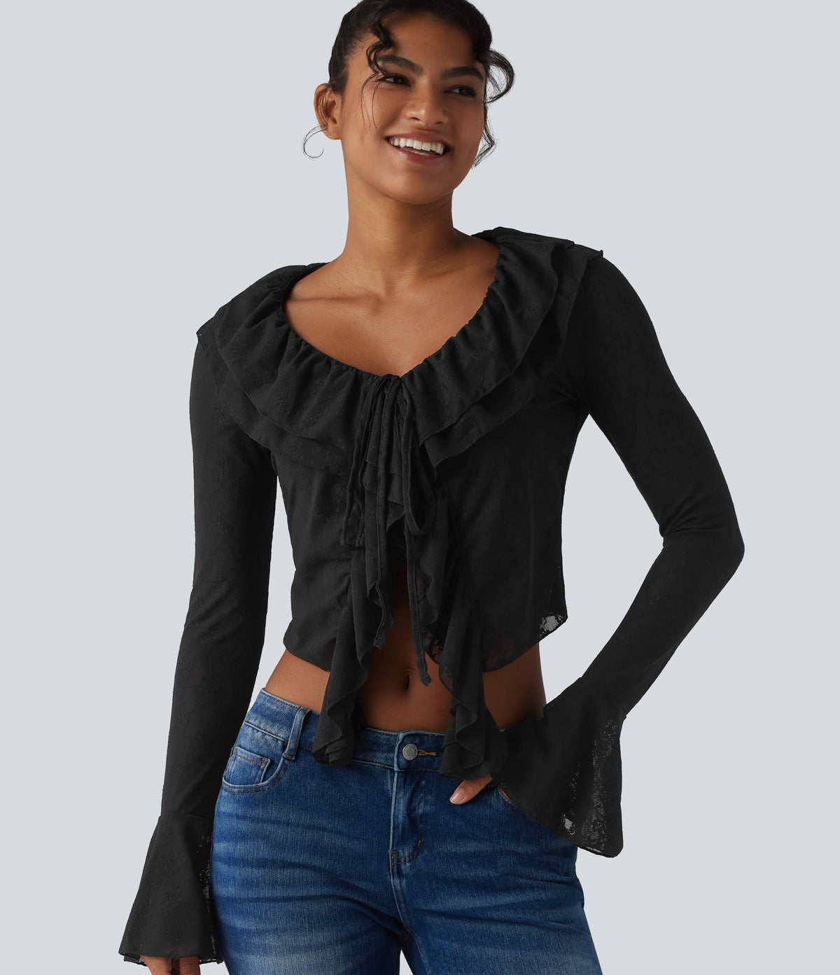 Tie-neck Flounce Long Sleeve Asymmetric Ruffle Trim Casual Lace Top — Black — view 6
