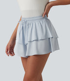 Mid Rise Drawstring Layered Ruffle Hem Satin Casual Shorts — Illusion Blue — view 3